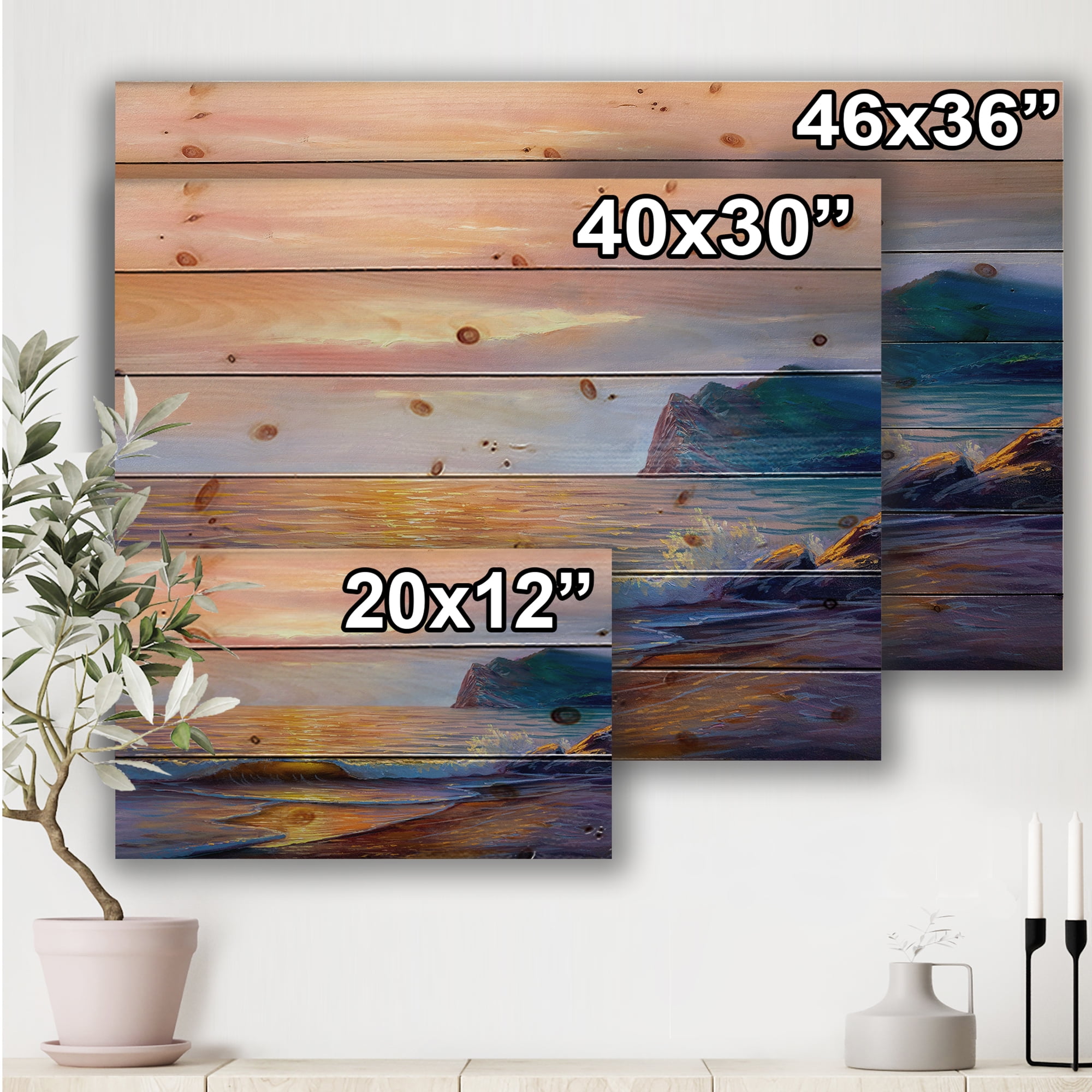 Designart 'Sunshine Reflecting Throug Braking Sea Waves XIII' Coastal Print on Natural Pine Wood