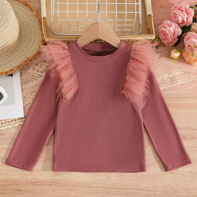 Cowsor Toddler Girl Shirts Ruffle Long Sleeve Baby Girl T-Shirts Kids Blouse, Ribbed Toddler Girl Tee Tops