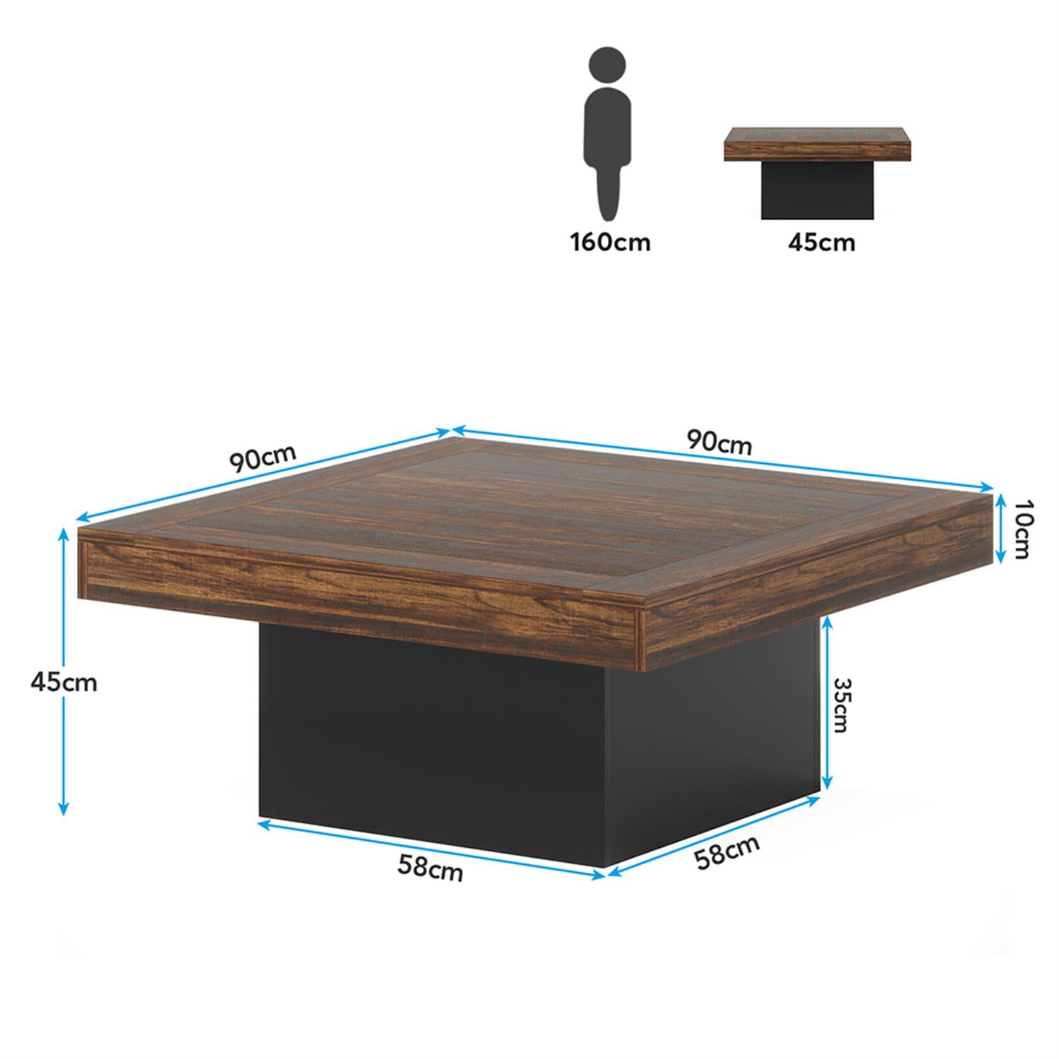 Demi Bonn Square Coffee Table, Farmhouse Wood Cocktail Table with LED Light for Living Room, Brown