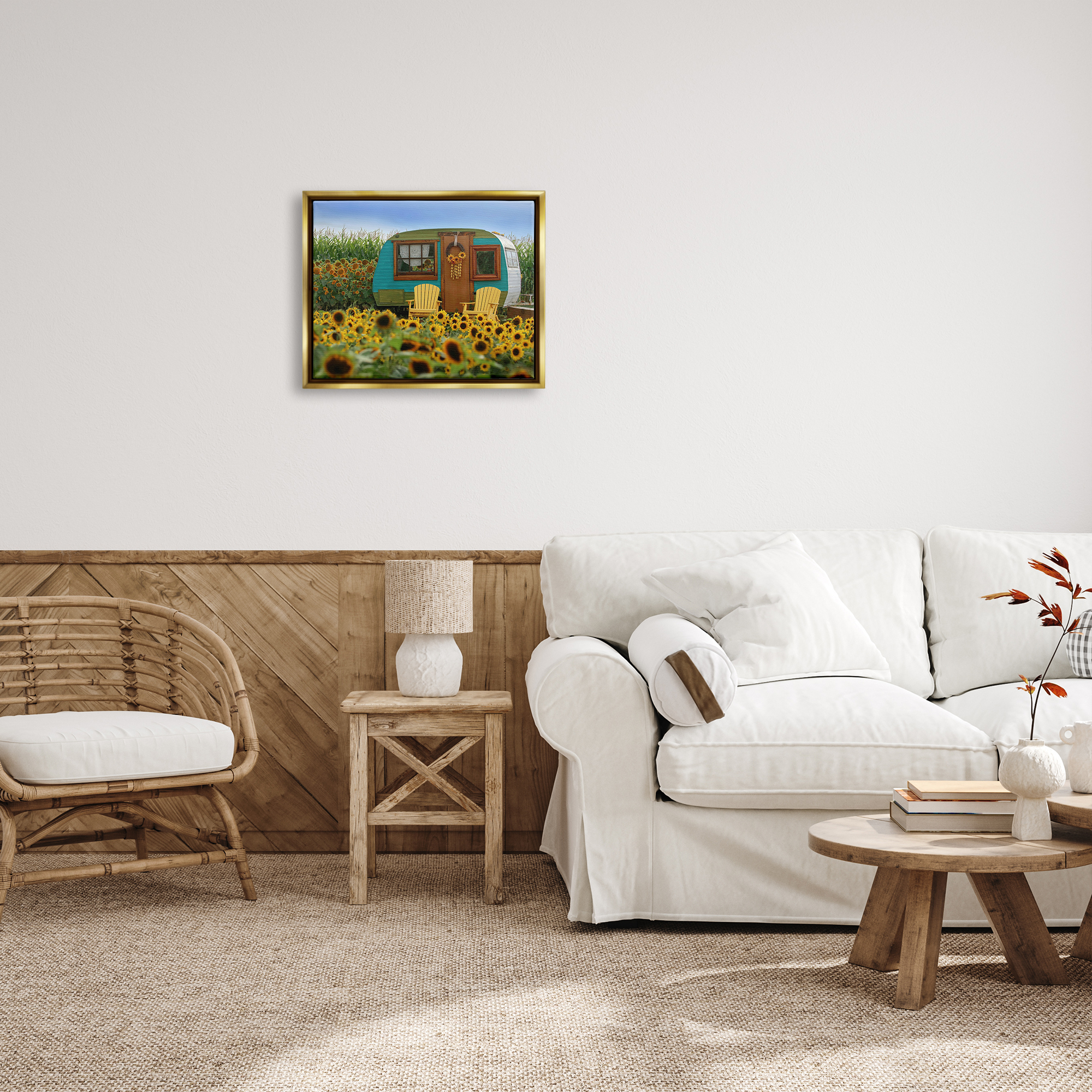 Stupell Lovely Sunflower Field Camper Botanical & Floral Photography Gold Floater Framed Art Print Wall Art