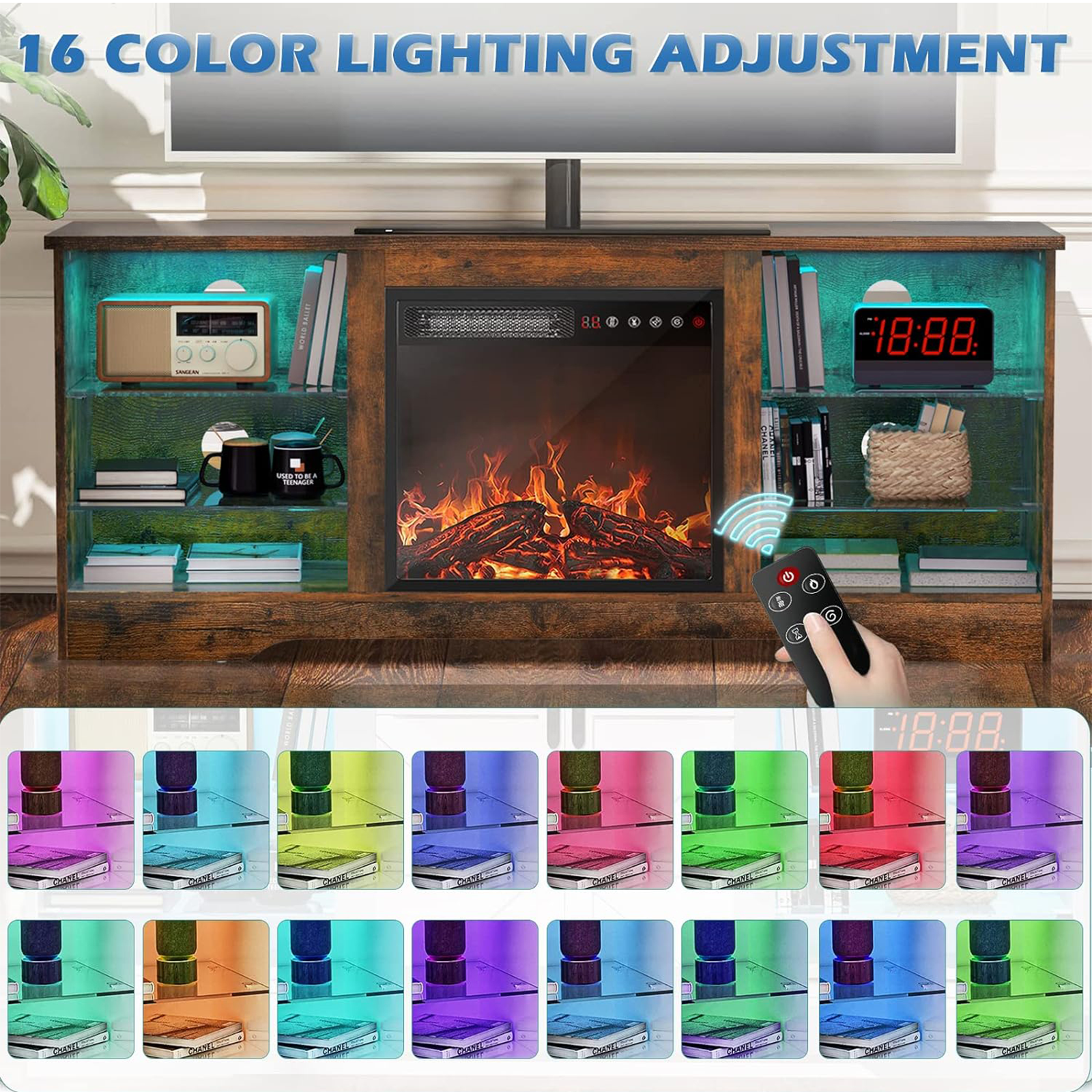Waleaf Fireplace TV Stand with 18'' Fireplace for TVs up to 65 inch, Two Adjustable Glass Shelves