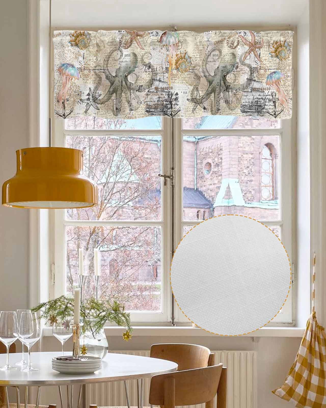 Brown Octopus Linen Curtain Valance for Bedroom/Bathroom/Kitchen/Living/Dining Room Window,Nautical Coastal Anchor Boat Starfish Conch Pocket Topper Drapes Decorative Cafe Drapery Panel 42"x18"
