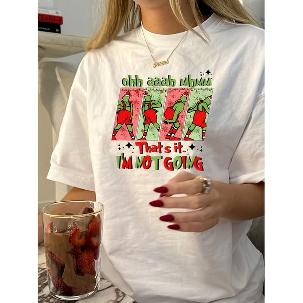 Playera Deportiva Manga Corta Mujer Dry-FitWomen's Retro Casual Crew Neck T-Shirt - "Ohhh Weee Ain't Going" Graphic Tee with Fun Cartoon Figures, White Polyester Blend, Machine Washable, Summer Esse