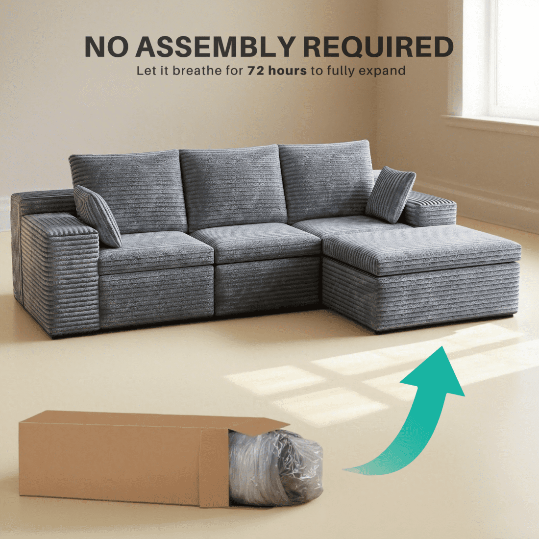 107" Modular Cloud Sectional Sofa Couches, Modern 3 Seat L-Shape Couch with Ottoman and 2 Pillows, Memory Foam Sofa for Living Room Apartment, No Assembly,Gray 107" Modular Cloud Sectional Sofa Couches, Modern 3 Seat L-Shape Couch with Ottoman and 2 Pillows, Memory Foam Sofa for Living Room Apartment, No Assembly,Gray - Image 5