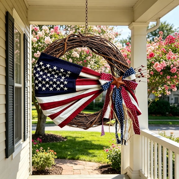 Vine Wrapped American Flag Patriotic Wreath, Artificial Front Door Hanging Ornament, Rustic Outdoor Decor, Lightweight Wall Pendant for 4th of July Home Garden and Courtyard Layout