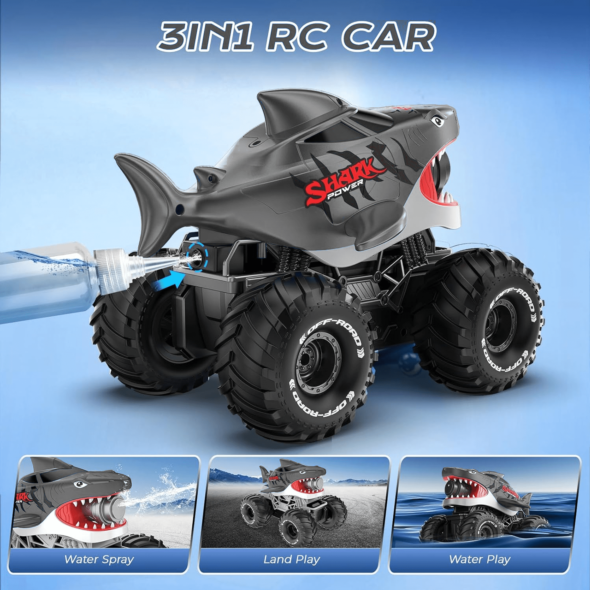Richgv Remote Control Car Amphibious RC Shark Truck with Water Squirt, Waterproof All Terrain Off-Road Monster Truck, Kids Pool Toy Gift for Boy Girl Age 6+