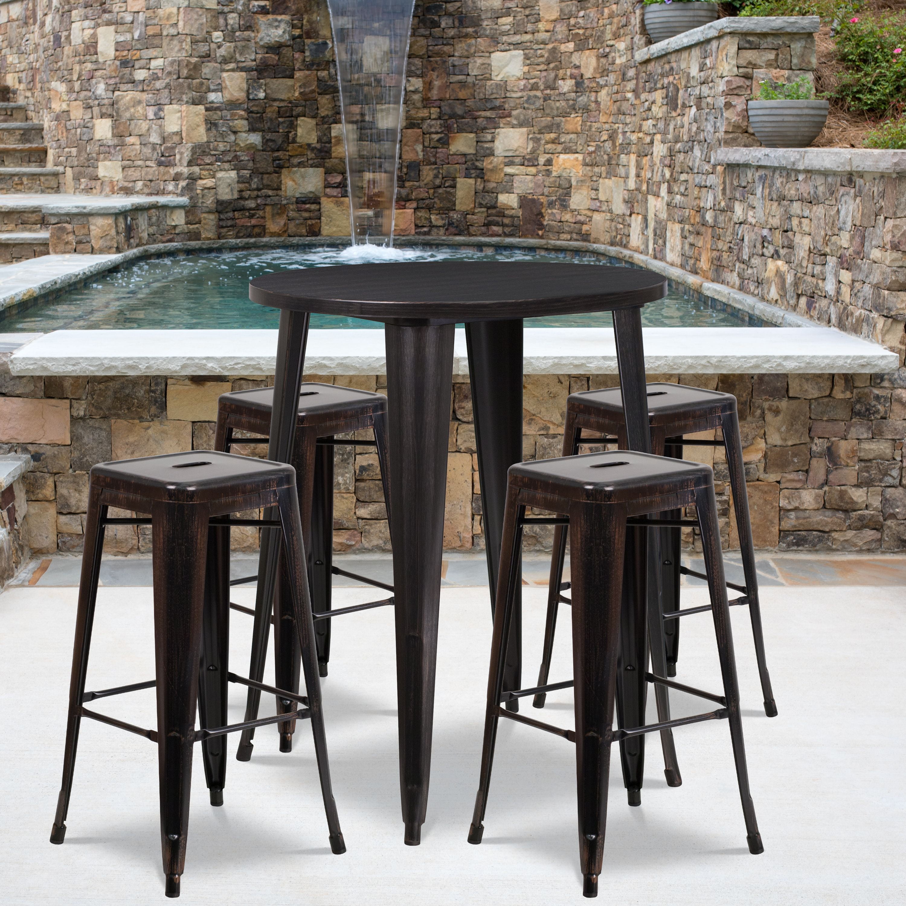 Flash Furniture 30" Round BlackAntique Gold Metal IndoorOutdoor Bar Table Set with 4 Square