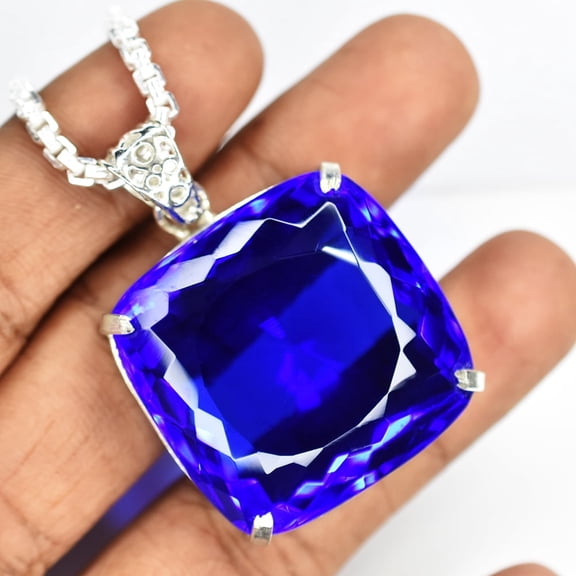 120 Ct Blue Topaz 925 Starling Silver Pendant Natural Square Cut CERTIFIED Gems