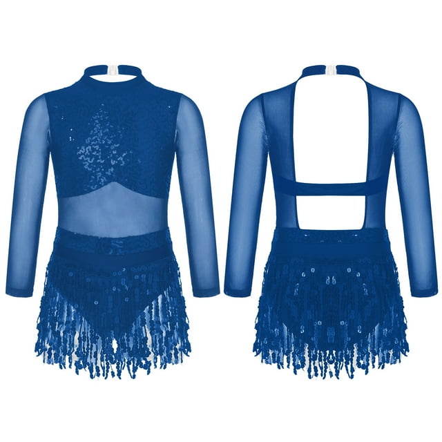 Xnihocha Costume de Danse Salsa Rumba Tango pour Filles, Robe de Danse Latine à Sequins, Tenue de Danse, Jupe à Franges, Bleu Marine, Taille 12
