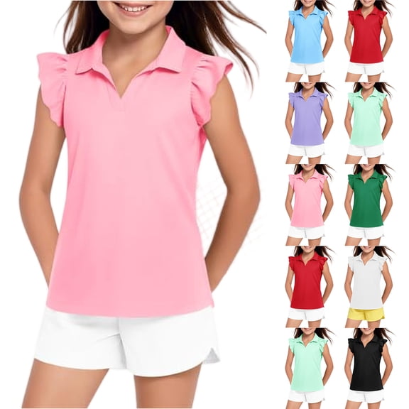 CCRFTGI Ruffle Short Sleeve Polo Shirts for Kids Girls Size 8 Casual Sports Summer Tops V-Neck Collared Quick Dry Golf Shirts Blouses Golf Tennis Uniform Shirts for Girls Blue 11-12 Years