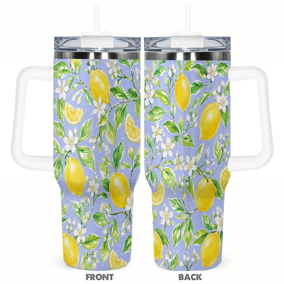 40oz Lemon Floral Tumbler with Handle and Straw Citrus Flower Pattern Insulated Car Cup Stainless Steel Travel Coffee Cup Gift