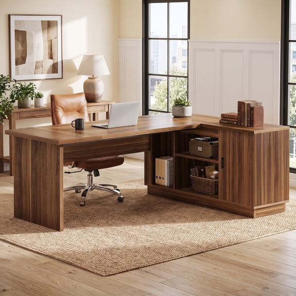 Fnova 55 Inch L-Shaped Desk with Fluted Storage Cabinet and Open Shelf for Home Office