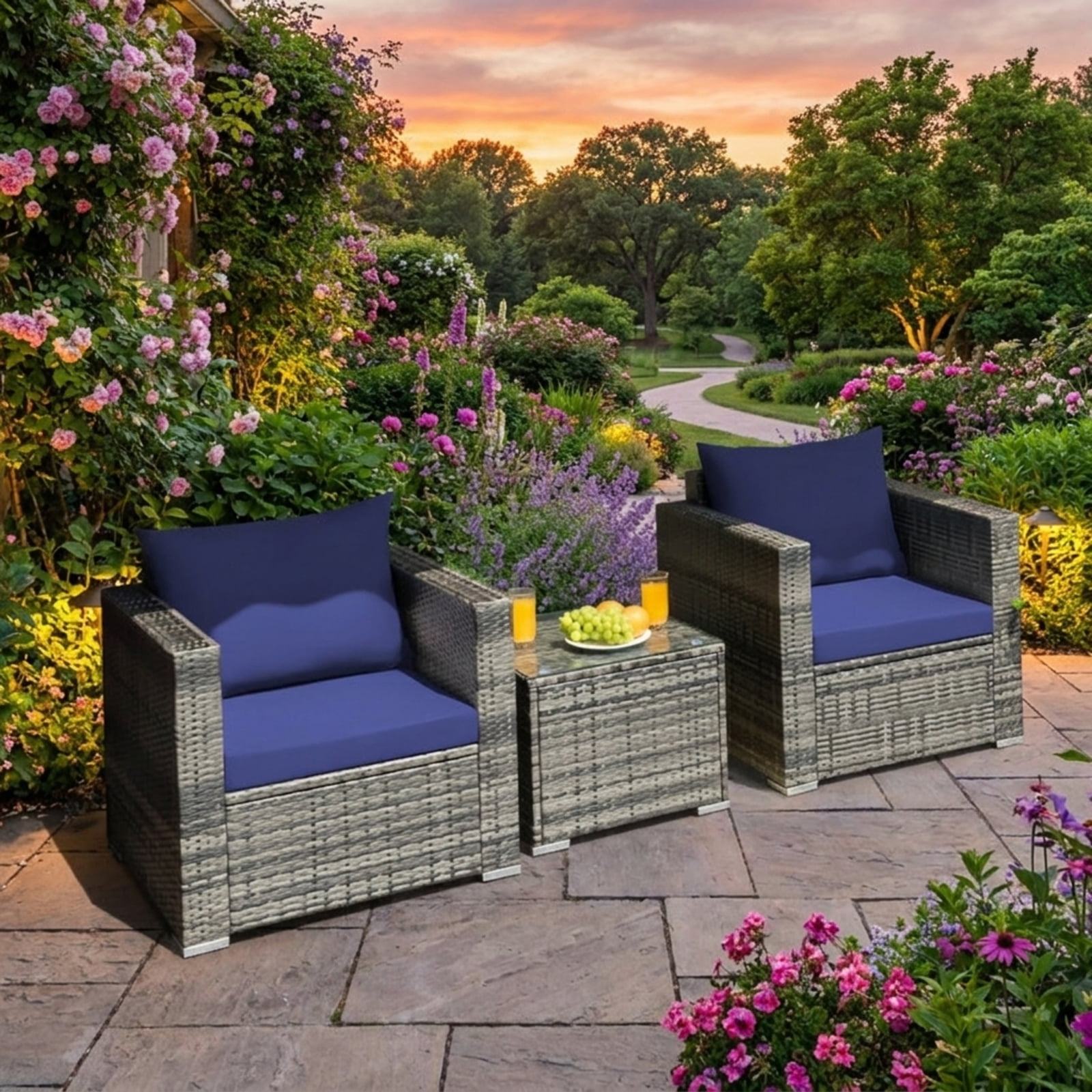 Biotree 3 Piece Patio Rattan Bistro Sofa Set outdoor conversation set with cushions and tempered glass coffee table for balcony garden and porch, Navy