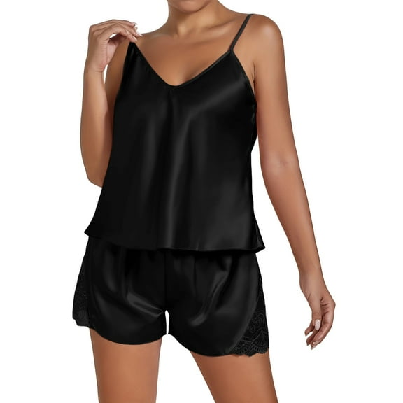 VISALY Pajama Short Sets Women, Women's Thin Shorts Suspender Lace Simulated Silk Pajama Set Women's Satin Ruffled Pajamas Sets, Satin Pajama Set Womens Sleepwear Set Summer Pajamas, #C Black,XL