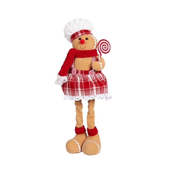 Christmas Gingerbread Man, Retractable Leg Standing Gingerbread Man Fabric Doll, Soft Stuffed Holiday Figurine, Plaid Cloth Standing Ornament for Mantel Shelf Tabletop, Home Holiday Party