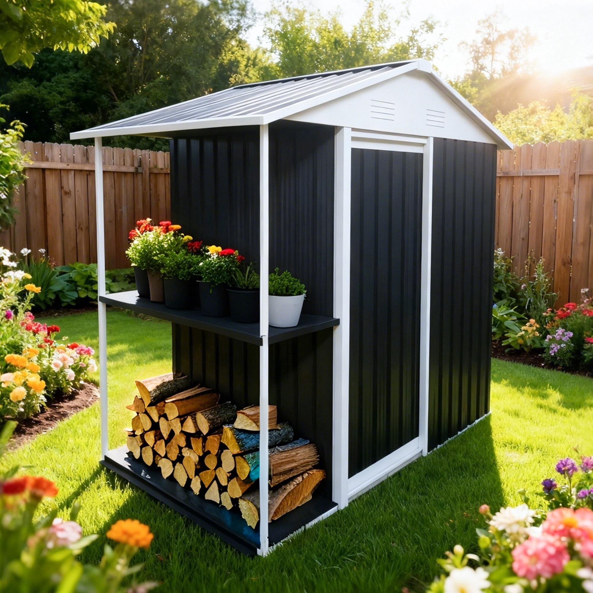 Leumius 6x4 FT Outdoor Storage Shed with Rack Metal Garden Shed with Storage Shelves Bike Storage Tool Cabinet Box for Lawn Backyard Patio