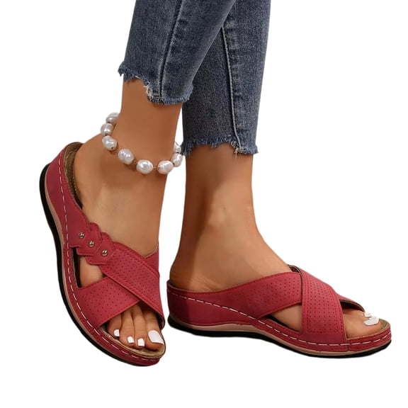 Domuza Womens Orthopedic Sandals Non Slip Slip on Arch Support Flat Wedge Sandals Wide Width Orthopedic Slippers Comfort Foam Shoes Red 5.5(EU-36)