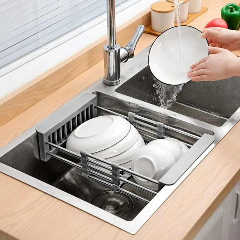 Stainless Steel Adjustable Telescopic Kitchen Insert Storage Organizer over Sink Dish Drying Rack Vegetable Tray Drain B Walmart