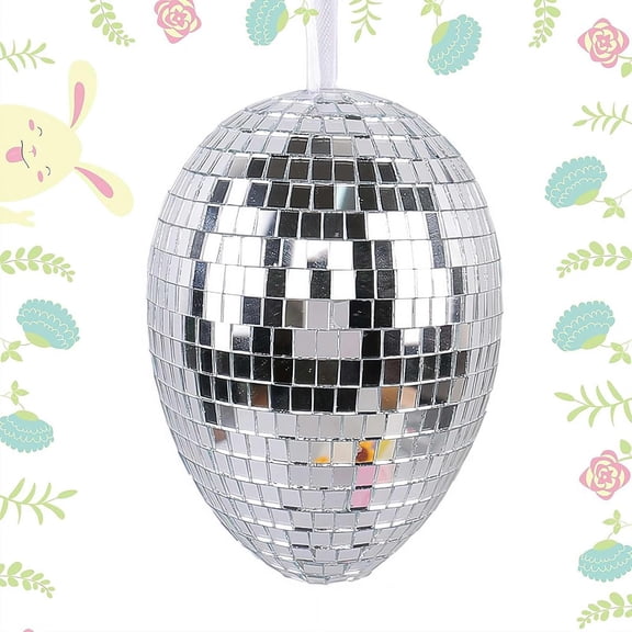 QenASHaing Disco Ball Easter Egg Ornament Set, Fabric Foam Eggs with Sunflower & Silver Mirror Ball, Hanging Decor for Spring, Party, Easter Tree