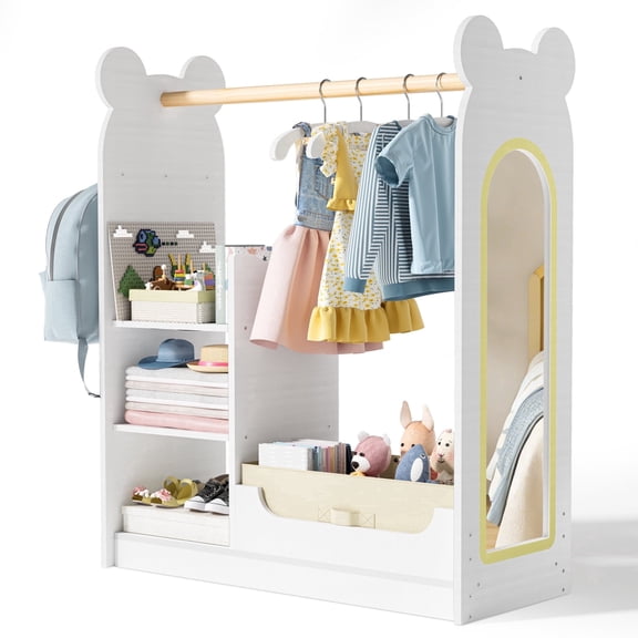 Buballino 2-5 Year Little Bear Style Kids Dress up Storage with Mirror, Four Hangers and Three Hooks, One Drawer, 39.8"*33.5"*13.8",15mm Density Board, Kid's Room Decoration Corner, White