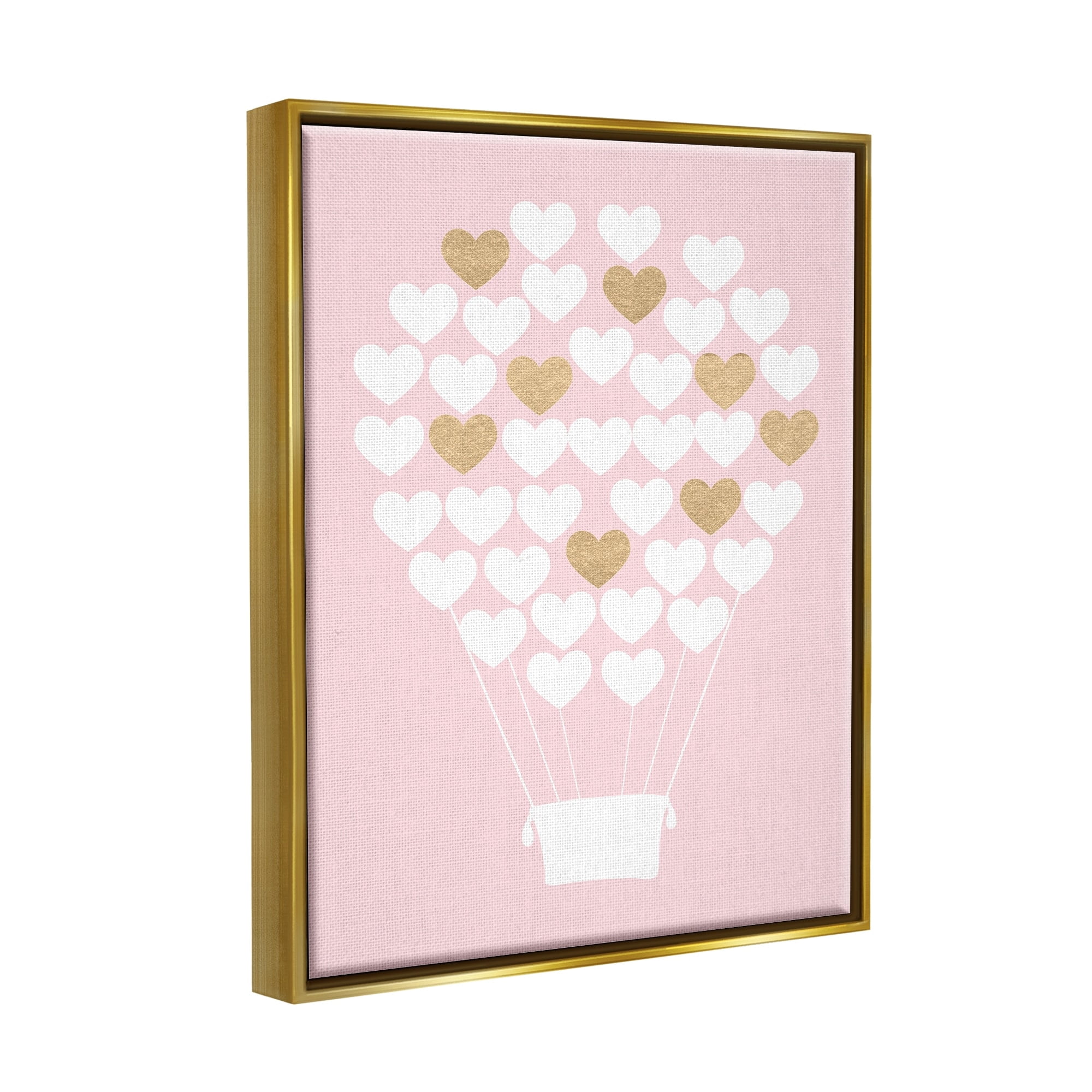 Stupell Industries White Gold Pink Heart Hot Air Balloon Metallic Gold Framed Floating Canvas Wall Art, 16x20, by Daphne Polselli