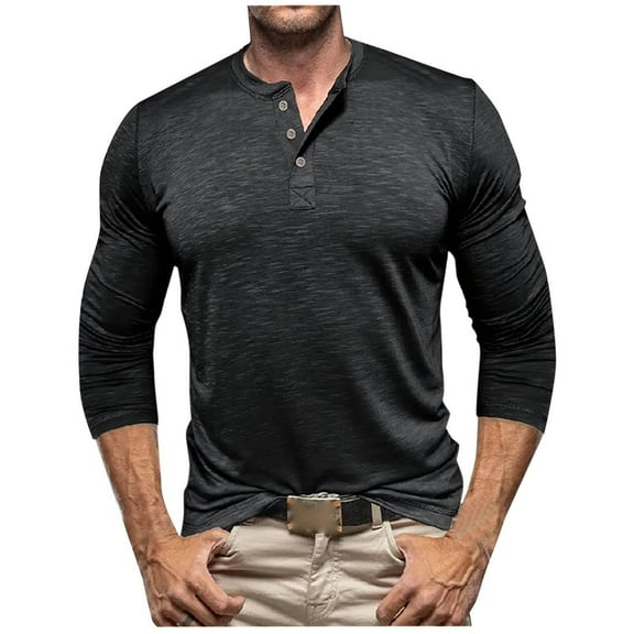 Fashionable Mens Long Sleeve Muscle T Shirts Round-neck Solid-Color Casual Buttons S-3XL