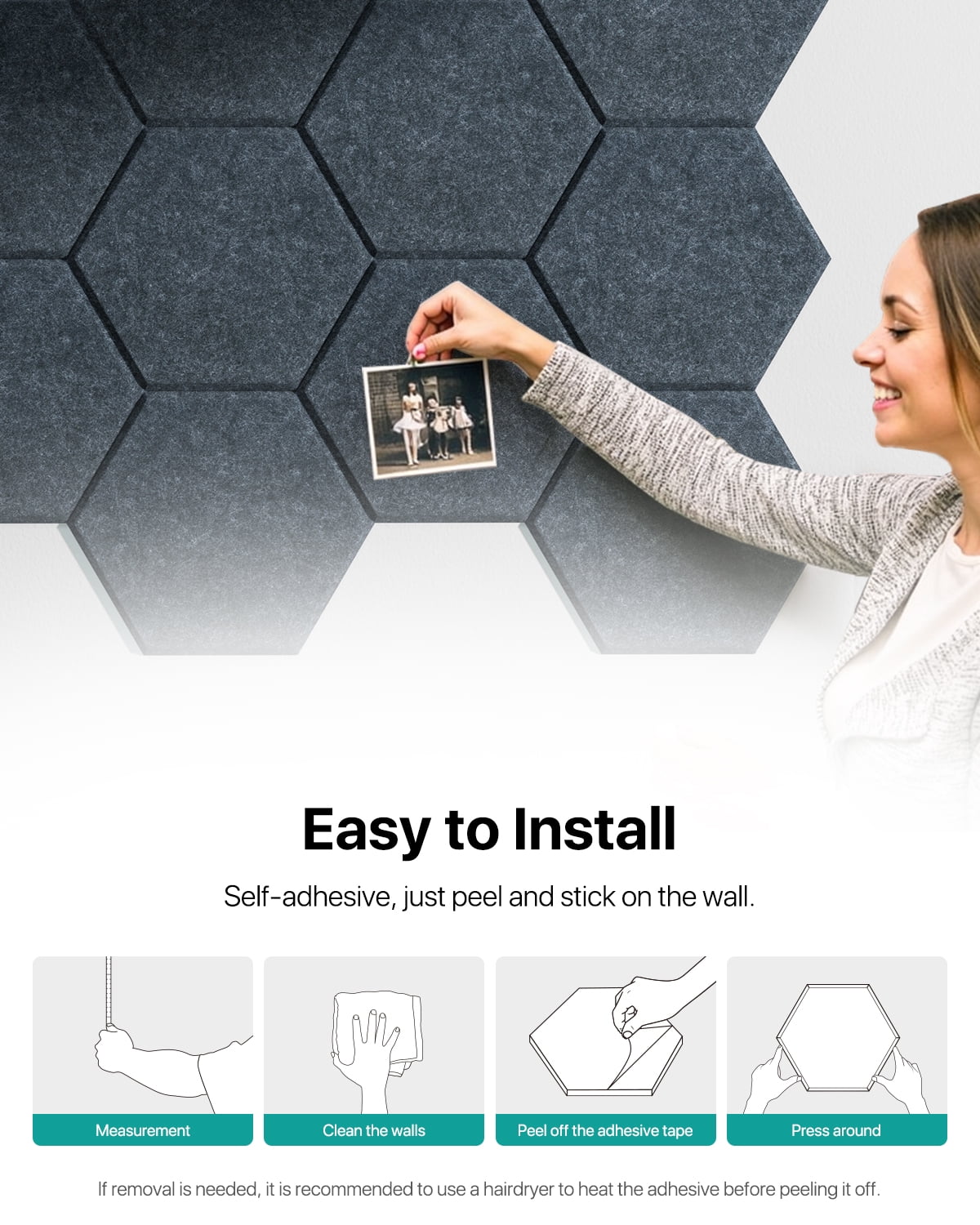 Soundsbay Acoustic Wall Panels Hexagon Self-Adhesive Soundproof Absorbing Noise Cancelling Wall Panels 12 Pack Dark Gray 12'' x 10'' x 0.4''