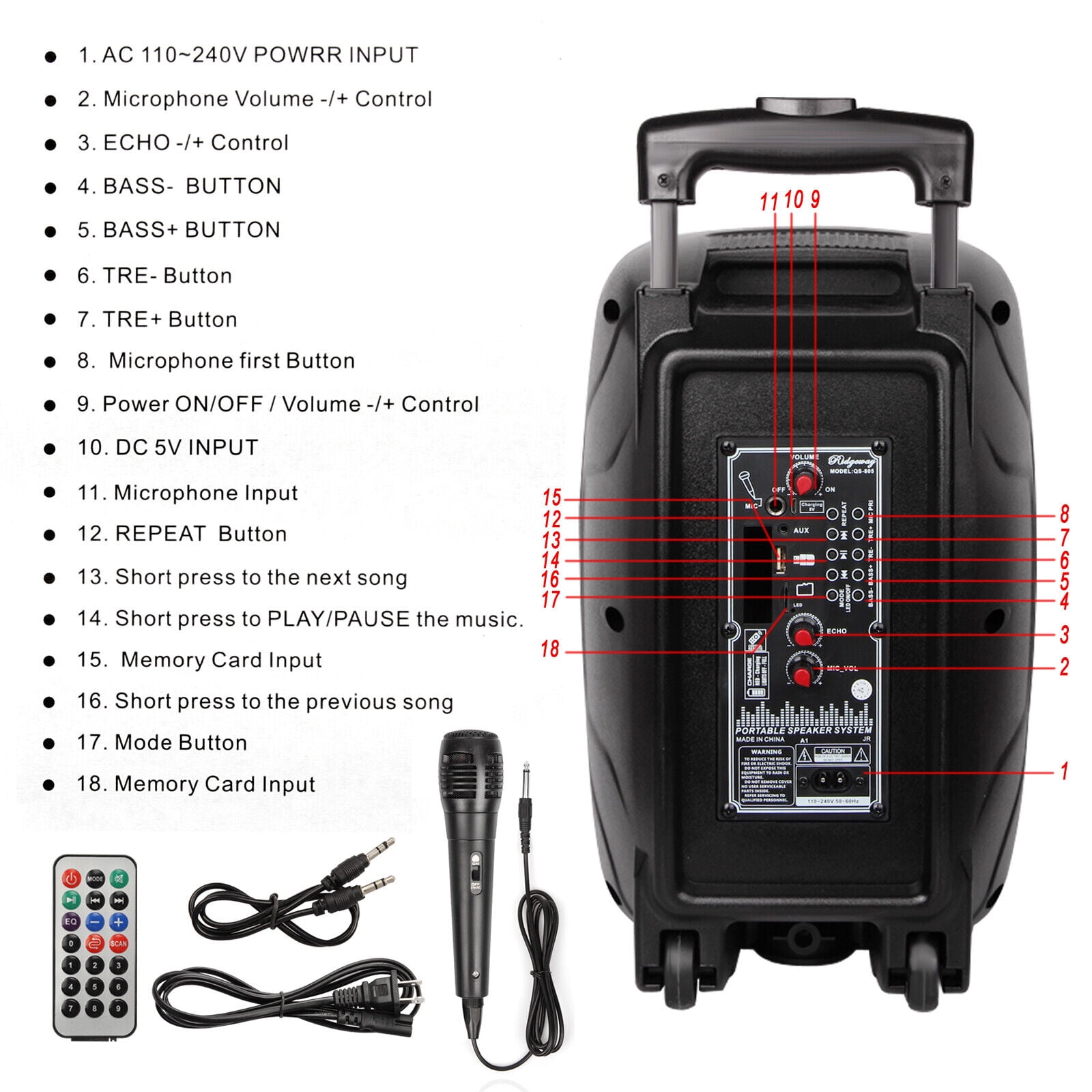 Curuk Portable Bluetooth Portable Speaker 8" Woofer PA System w/ Mic RC LED Handle Wheels