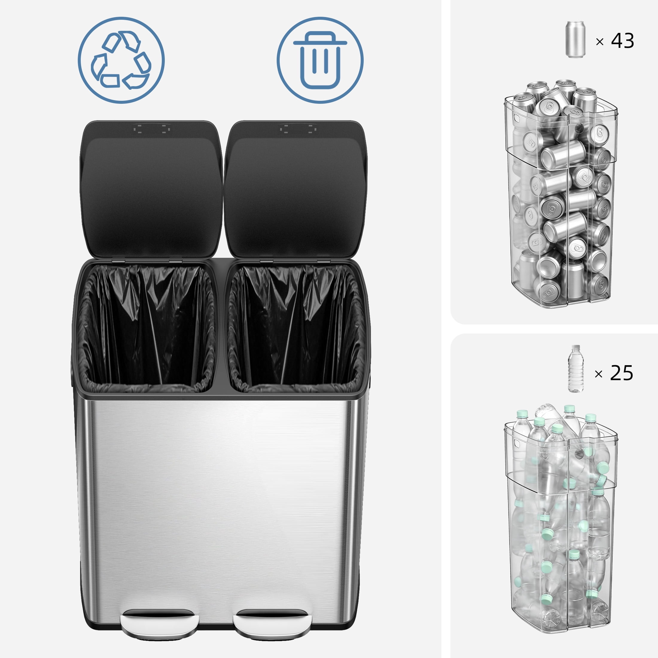 KSSKSS 16 Gallon/60L Stainless Steel  Step Garbage Can for Kitchen, with 40 Trash Bags,2 x 8 Gallon (2 x 30 L) Double Compartments with 2 Plastic Inner Buckets,Airtight,Silver