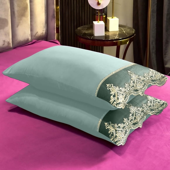 Todaioua Solid Color Luxury Pillowcase Set 2-Piece Lace Cutis Friendly Skidproof European Embroidered Pillow Covers Brushed Polyester Cotton for Bedroom Hotel Guest Room Decor Gift