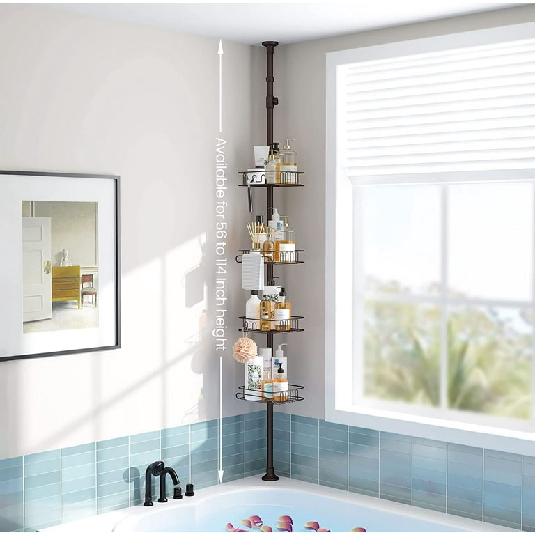 HomeHelper 4 Tier Corner Shower Caddy Tension Pole-Made of Rustproof  Stainless Poles and Solid Plastic Shower Shelves,Fit 56 to 114Inches Height