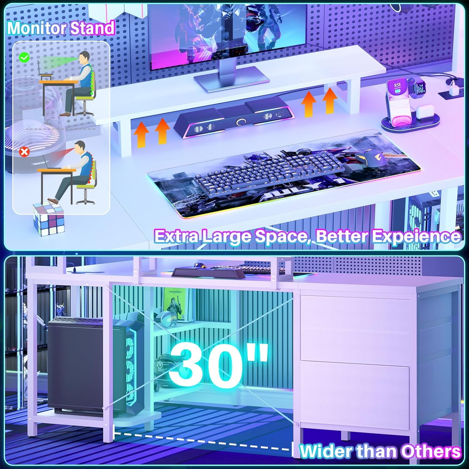 iSunirm L Shaped Gaming Desk with Storage, Computer Gaming Desk with LED Lights & Hutch, Reversible Computer Desk with Power Outlet, Corner Desk with Drawers, Shelves for Home, White