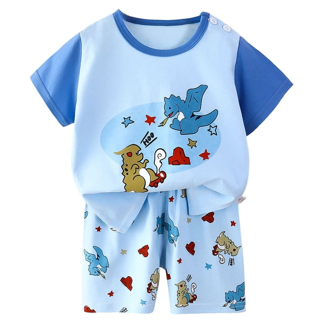 Nwiuh Ensemble Décontracté T-shirt à Col Rond à Manches Courtes et Short Tenue de Plage d'Été (Bleu Ciel, 2-3 Ans)