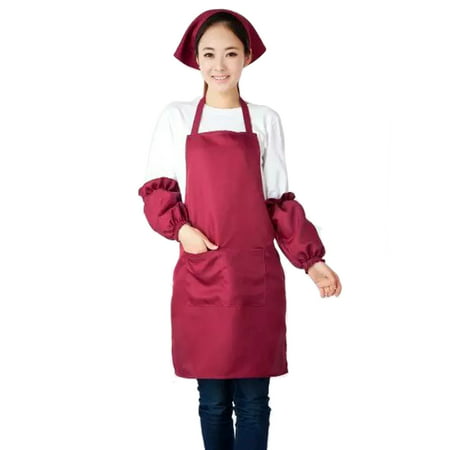 Restaurant Cooking Cafe Lover Dress Pocket Apron Bib Burgundy w Sleeve