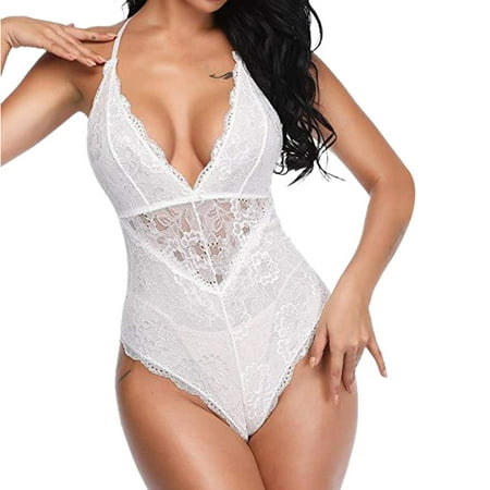 adviicd Lingerie Bodysuit Women s Plunge V Neck Lingerie Bodysuit Floral Lace One Piece Teddy White XL
