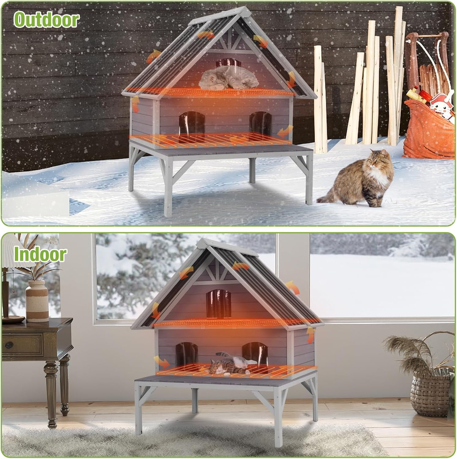 MEDEHOO Heated Cat House with Heater, Indoor/Outdoor Pet Shelter with Insulated Liner Keep Warm in Winter,Raise Legs with Large Platforms