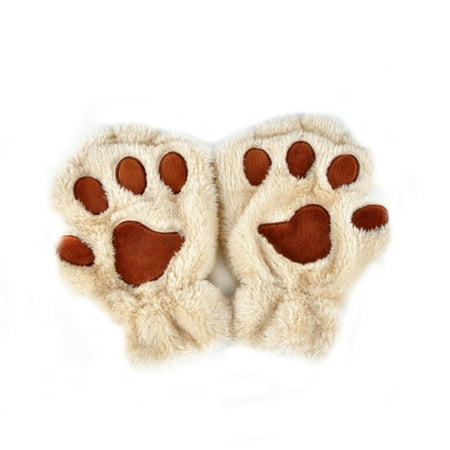 Cute Cartoon Gloves Women Soft Warm Cat Claw Gloves Fingerless Bear Paw Half Finger Gloves Color:Beige