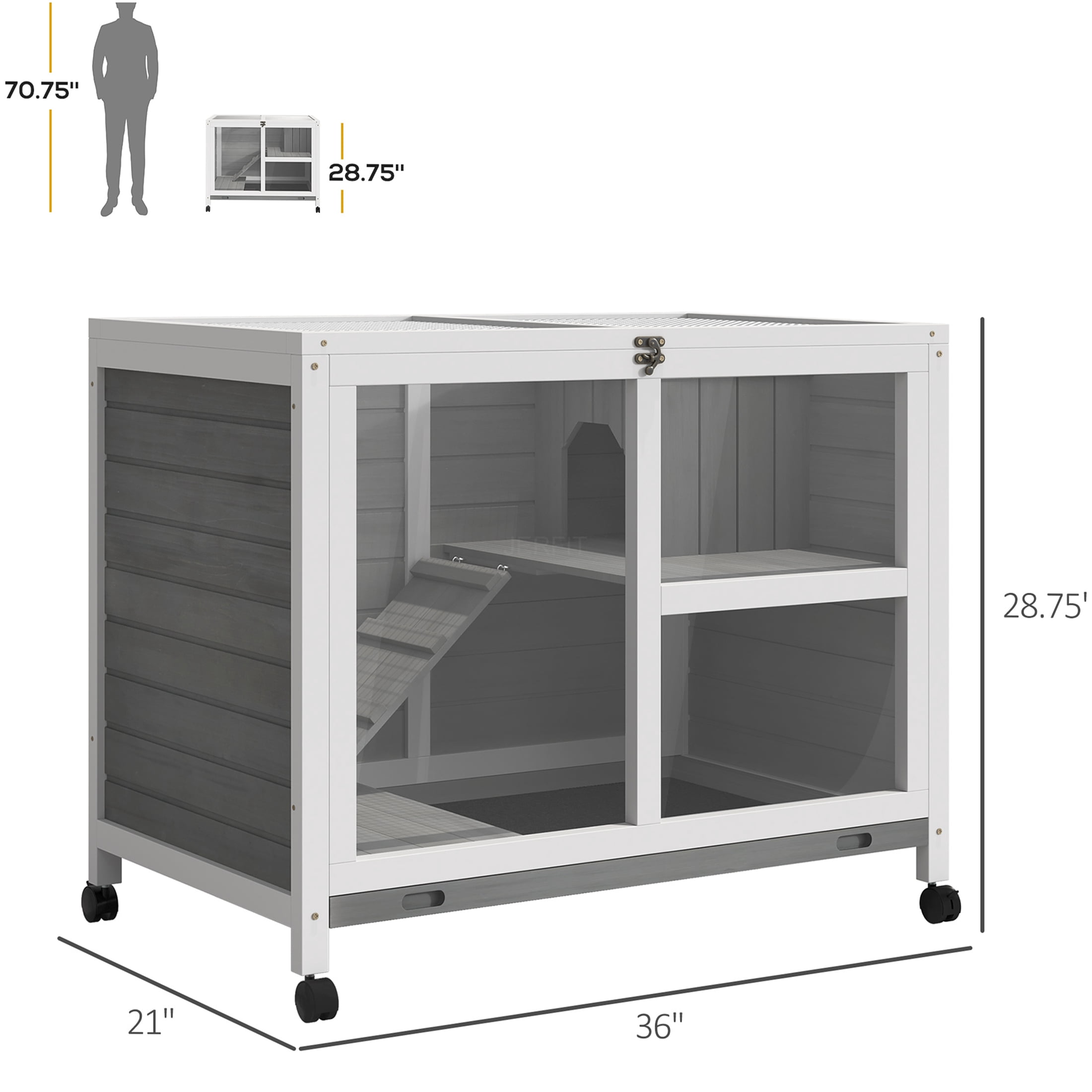 JERFIT 36" Rolling Rabbit Hutch with Wheels, Waterproof Wooden Bunny Cage Indoor, Portable Small Animal Home with Lockable Door & Leak-Proof Tray, Desk Side Table Size, Gray