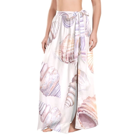 FORMRS Womens Long Sarong Beach Wrap Semi-Sheer Bikini Skirt Bathing Swimsuit Cover Up, Orange Watercolor Seashells