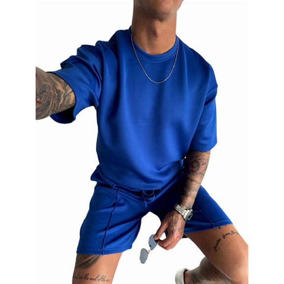 Men'S Two Piece Outfits Sets: Crew Neck Summer T-Shirt and Shorts Set with Pockets Royal Blue S