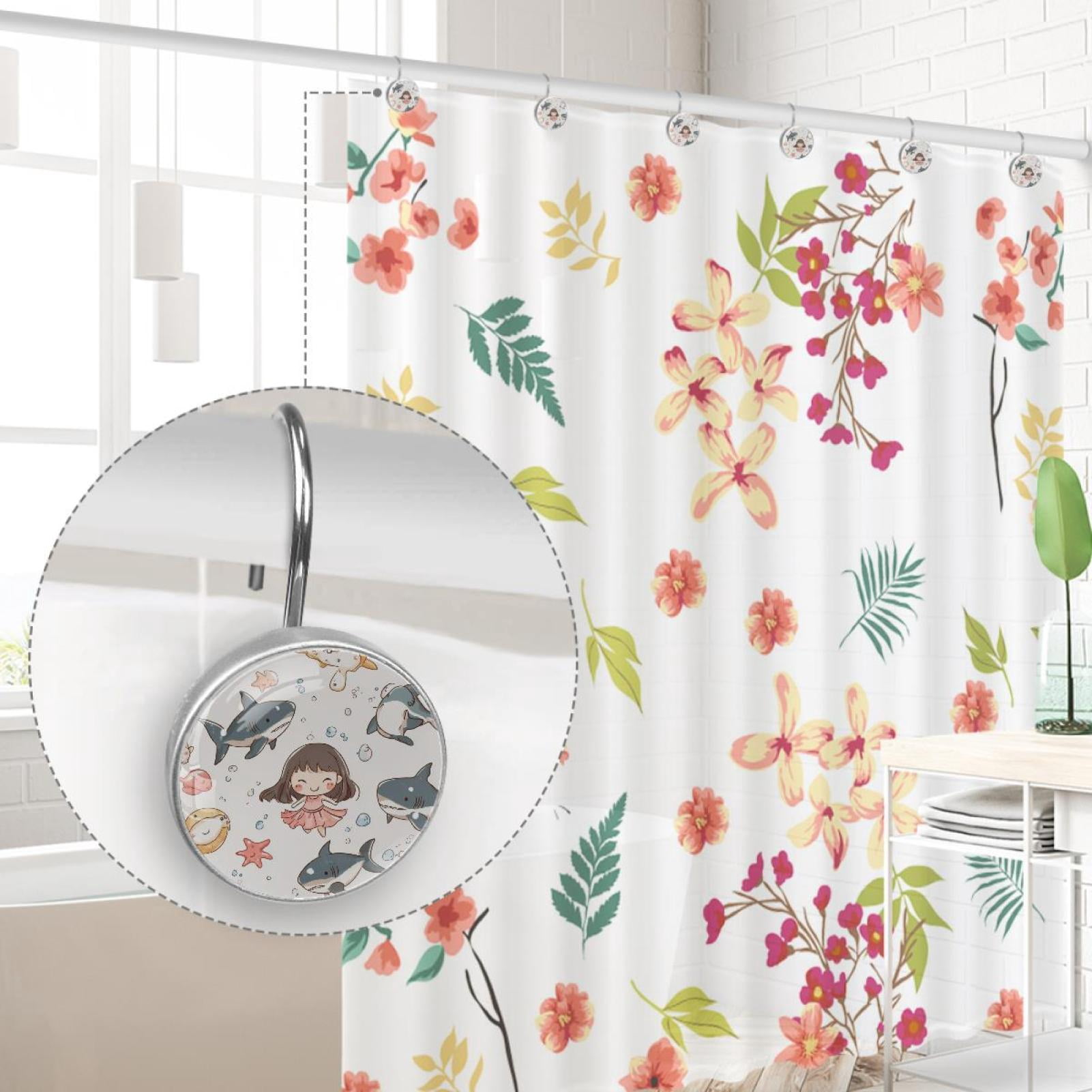 Cartoon Shark Starfish Girl Shower Curtain Hooks Round Crystal Glass, Set of 12 Shower Curtain Rings - Shower Hooks for Curtain Shower Rings