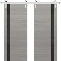 Sturdy Double Barn Door with | Planum 0040 Grey Ash with Black Glass | 13FT Rail Hangers Heavy Set | Solid Panel Interior Doors-36" x 96" (2* 18x96)-Silver Rail