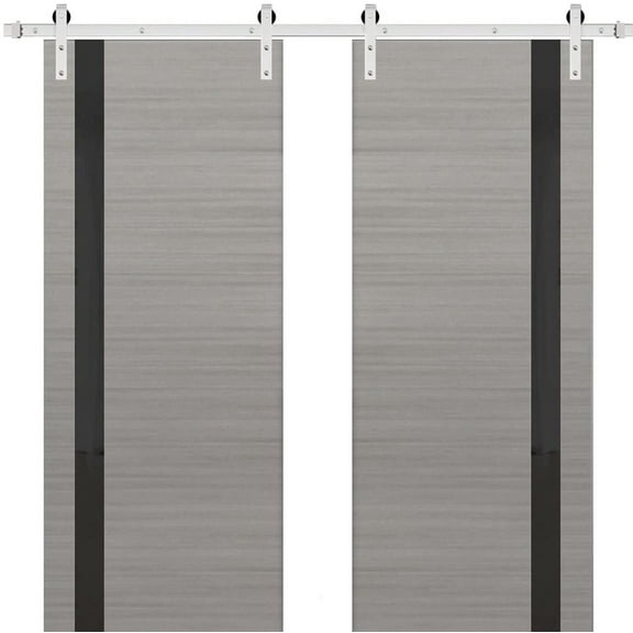 Sturdy Double Barn Door with | Planum 0040 Grey Ash with Black Glass | 13FT Rail Hangers Heavy Set | Solid Panel Interior Doors-36" x 96" (2* 18x96)-Silver Rail