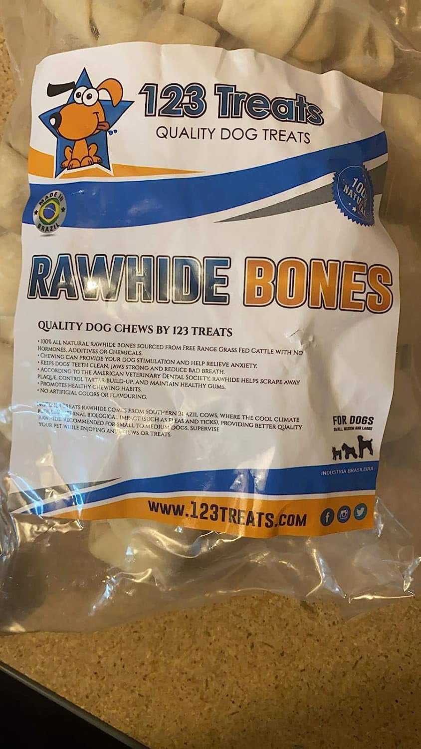 Rawhide Bones Chews 3-4" Premium Rawhide Dog Bones (15 Count) Free Range Grass Fed Cattle with No Hormones, Additives or Chemicals, Tasty Long Lasting Chews for Dogs, Improve Oral Health by 123 Treats