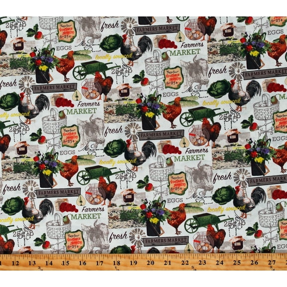 Cotton Farmers Market Fresh Food Chickens Eggs Vegetables Produce Flowers Country Farming Cotton Fabric Print by the Yard (52764-1)