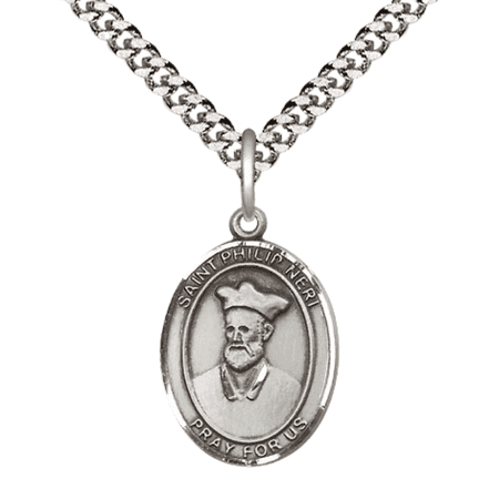 Medium Mens Oval Pewter Saint Philip Neri Medal Pendant on 24" Rhodium Plated Heavy Curb Brass Chain w/ Lobster Claw Clasp, Catholic Religious Necklace -Made in USA-Velvet Gift Box