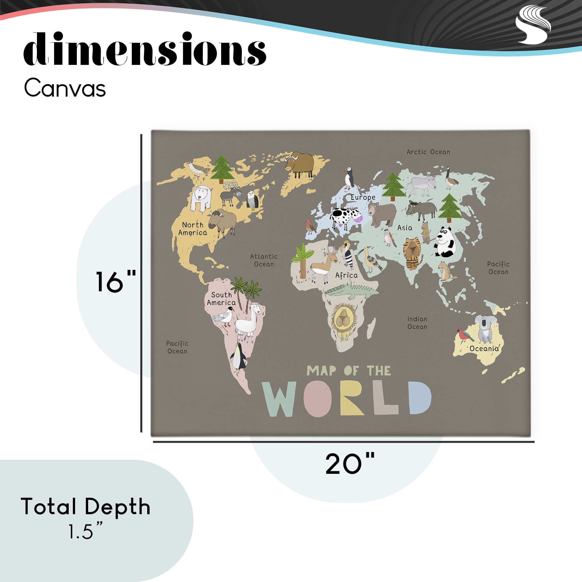 Kid's Map Of World Brown Canvas Wall Art, design by Carla Daly