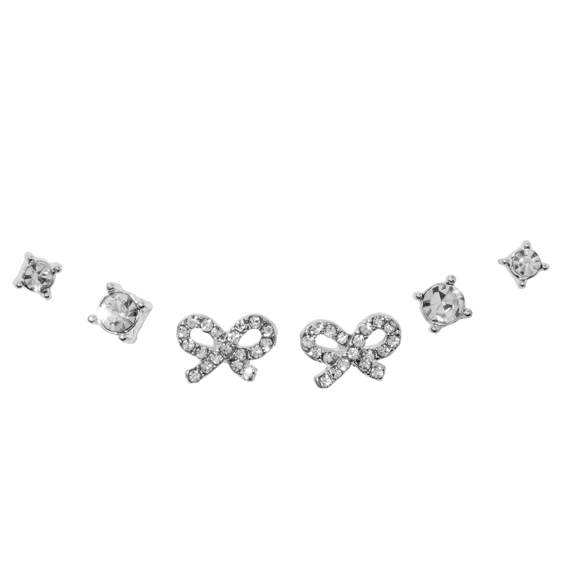 Claire's Girls Stackable Silver Rhinestone Bow Stud Earring Set, 3-Pack, Children's
