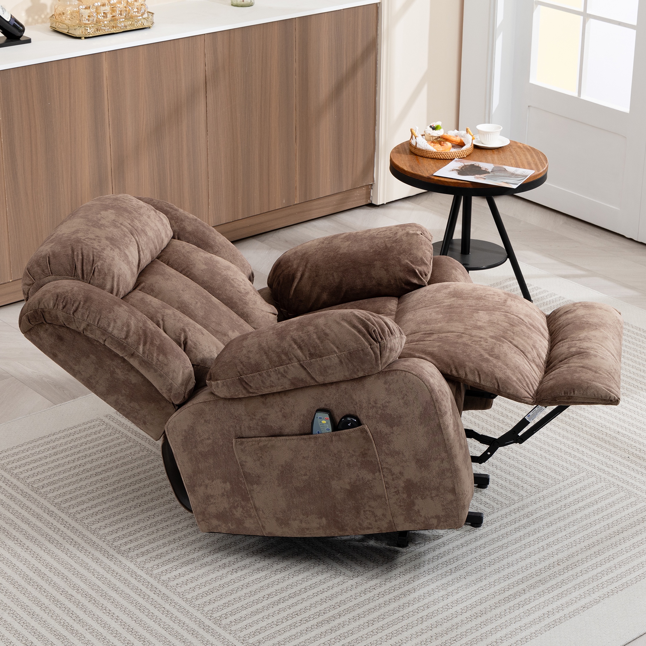 Power Lift Recliner Chair with Heat and Vibration Massage, UHOMEPRO Modern Fabric Elderly Electric Reclining Sofa with Remote Control and Side Pockets for Living Room Home Theater, Light Brown
