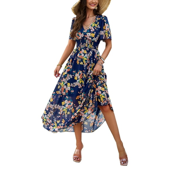 Krumba Women Summer Boho Dress: Floral Ruched Maxi for Wedding Guest - Casual V-Neck Short Sleeve Midi for Beach Party Church Navy Blue Size S